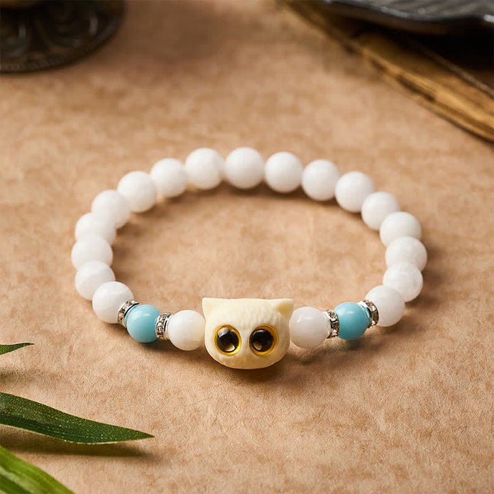 Buddha Stones Bransoletka z koralików czystości z czarnego obsydianu i białego chalcedonu w kształcie głowy kota o dużym oku - image 3