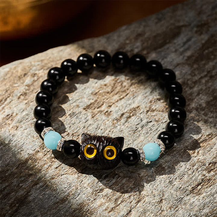 Buddha Stones Bransoletka z koralików czystości z czarnego obsydianu i białego chalcedonu w kształcie głowy kota o dużym oku - image 21