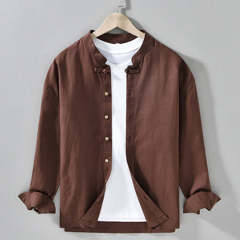 Buddha Stones Koszule męskie z długim rękawem w stylu casualowym i stójką w jesiennym stylu - SaddleBrown - US/UK/AU42， EU52 (3XL) - image 0