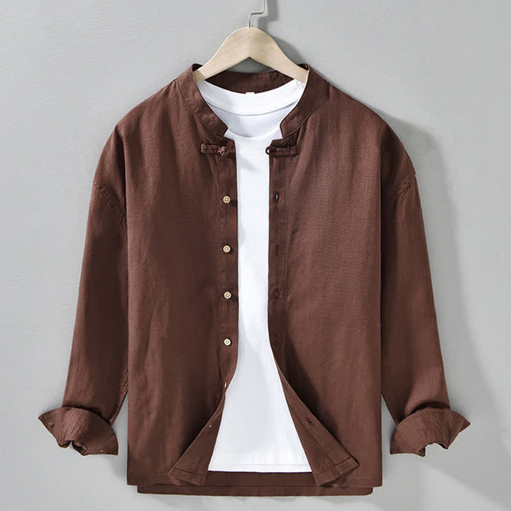 Buddha Stones Koszule męskie z długim rękawem w stylu casualowym i stójką w jesiennym stylu - SaddleBrown - US/UK/AU42， EU52 (3XL) - image 0