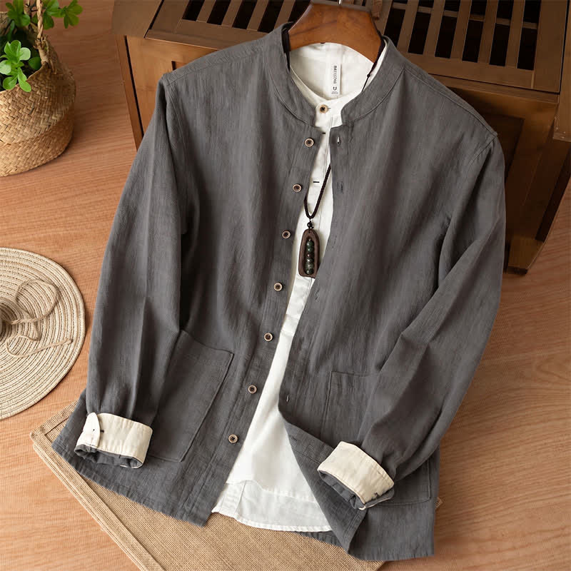 Buddha Stones Koszule męskie z długim rękawem i kieszeniami, w stylu casualowym Tang, z kołnierzykiem stójkowym i lnem - DimGray - US/UK/AU44， EU54 (4XL) - image 11