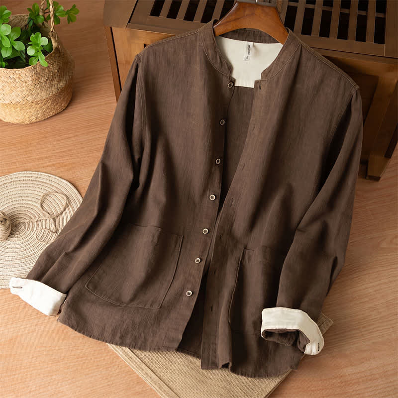 Buddha Stones Koszule męskie z długim rękawem i kieszeniami, w stylu casualowym Tang, z kołnierzykiem stójkowym i lnem - SaddleBrown - US/UK/AU44， EU54 (4XL) - image 0