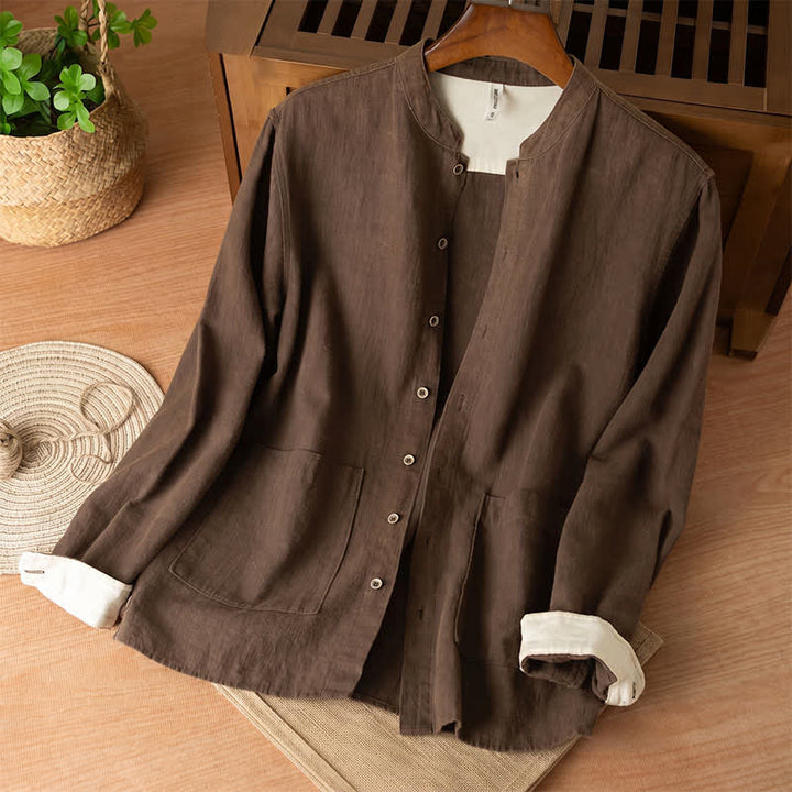 Buddha Stones Koszule męskie z długim rękawem i kieszeniami, w stylu casualowym Tang, z kołnierzykiem stójkowym i lnem - SaddleBrown - US/UK/AU44， EU54 (4XL) - image 0