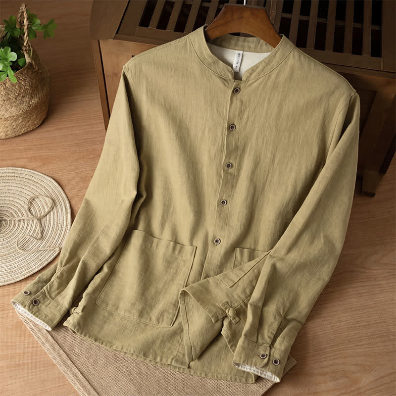 Buddha Stones Koszule męskie z długim rękawem i kieszeniami, w stylu casualowym Tang, z kołnierzykiem stójkowym i lnem - Ciemny Khaki - US/UK/AU44， EU54 (4XL) - image 19
