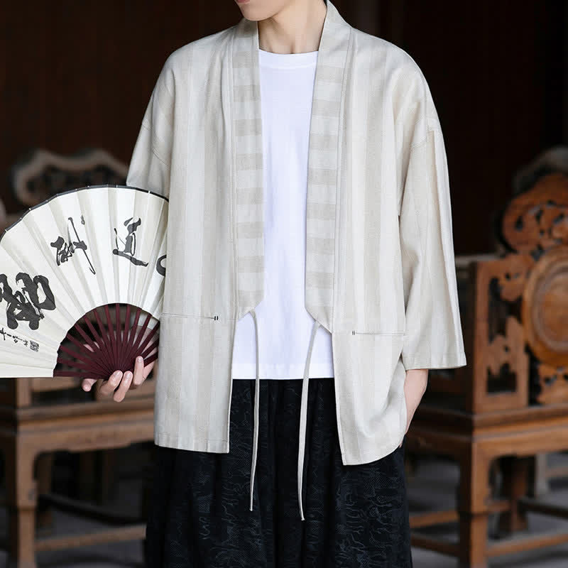Buddha Stones Wiosenne letnie swobodne męskie kimono w stylu Tang, ściągane sznurkiem, z litej bawełny i lnu, z rękawami 3/4 i kieszenią - image 5