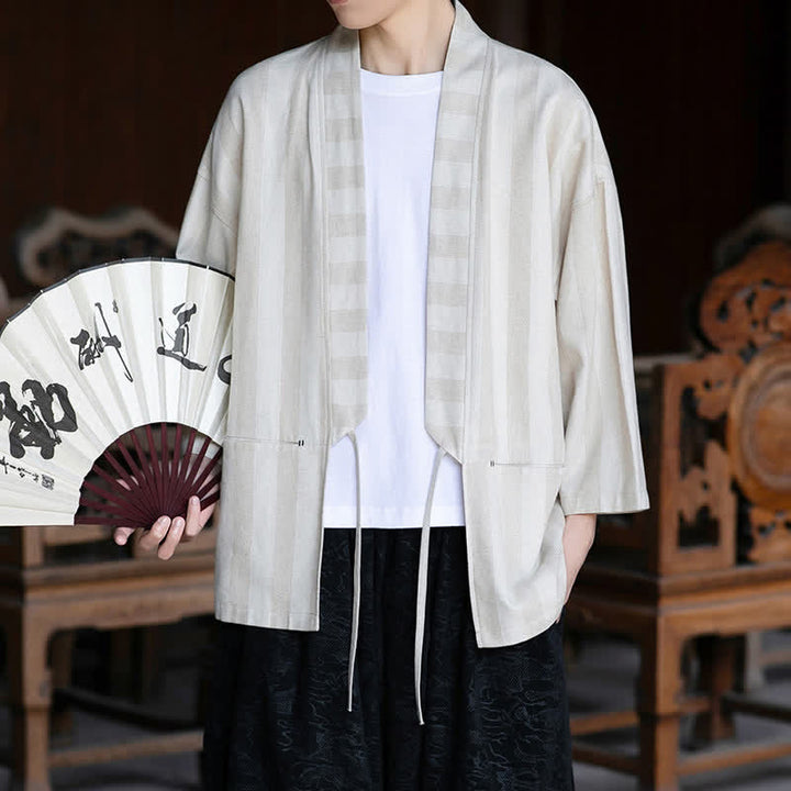 Buddha Stones Wiosenne letnie swobodne męskie kimono w stylu Tang, ściągane sznurkiem, z litej bawełny i lnu, z rękawami 3/4 i kieszenią - image 5
