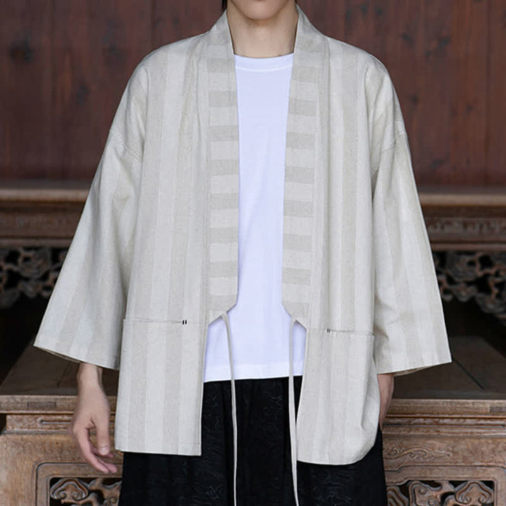 Buddha Stones Wiosenne letnie swobodne męskie kimono w stylu Tang, ściągane sznurkiem, z litej bawełny i lnu, z rękawami 3/4 i kieszenią - image 6