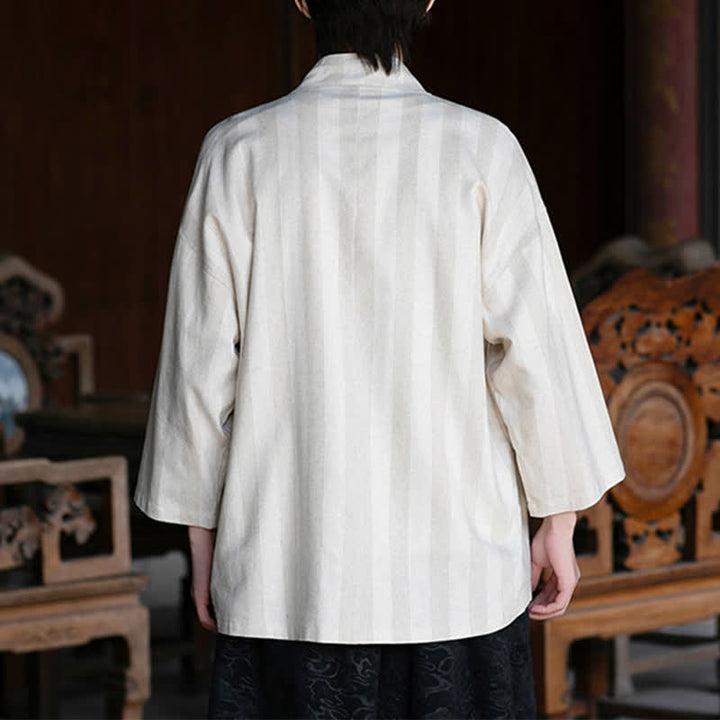 Buddha Stones Wiosenne letnie swobodne męskie kimono w stylu Tang, ściągane sznurkiem, z litej bawełny i lnu, z rękawami 3/4 i kieszenią - image 4