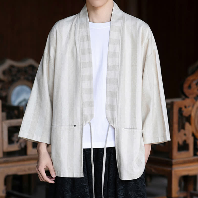 Buddha Stones Wiosenne letnie swobodne męskie kimono w stylu Tang, ściągane sznurkiem, z litej bawełny i lnu, z rękawami 3/4 i kieszenią - Beżowy - US/UK/AU46， EU56 (5XL) - image 0