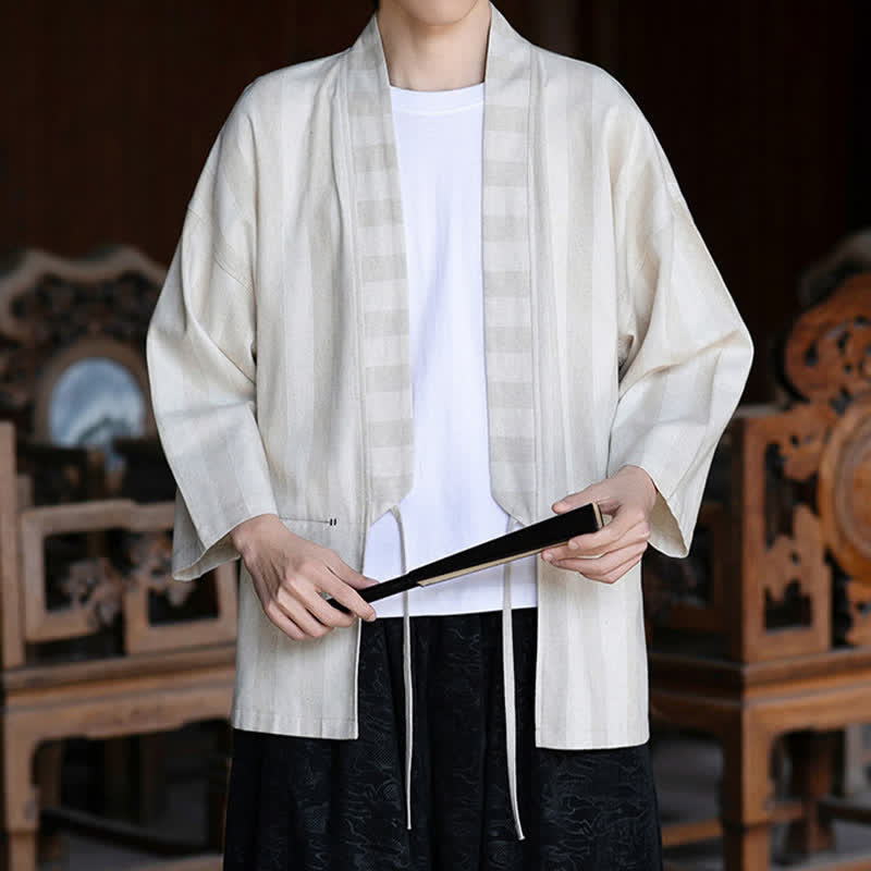 Buddha Stones Wiosenne letnie swobodne męskie kimono w stylu Tang, ściągane sznurkiem, z litej bawełny i lnu, z rękawami 3/4 i kieszenią - image 1