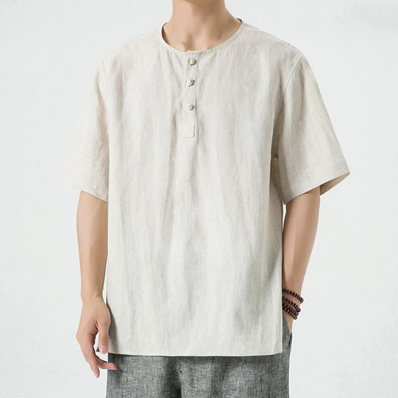Buddha Stones Letnie, swobodne, minimalistyczne koszule męskie z krótkim rękawem, z rozcięciem z boku i okrągłym dekoltem, z lnu - image 1