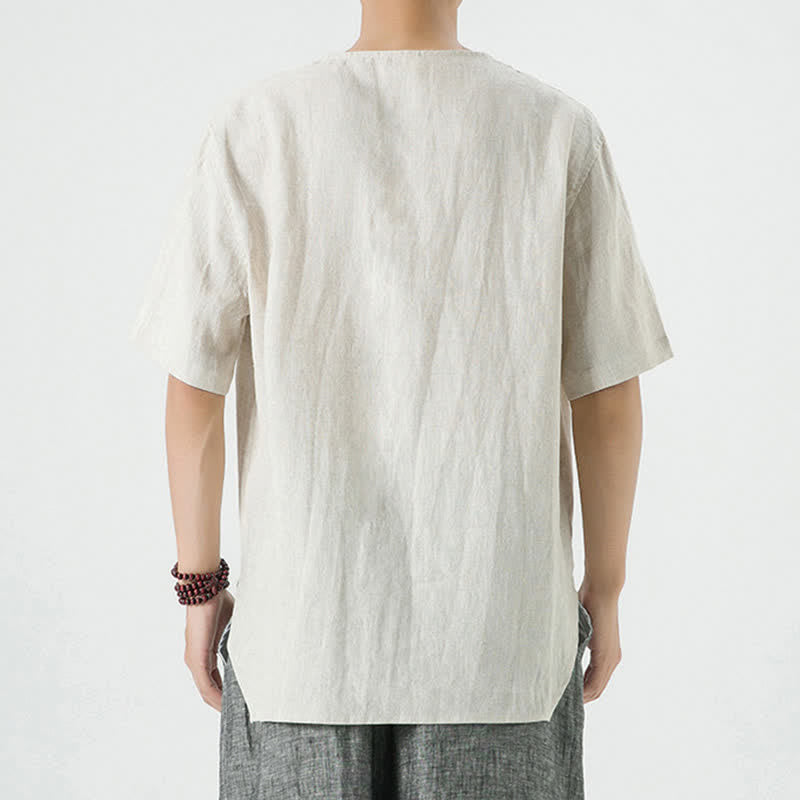 Buddha Stones Letnie, swobodne, minimalistyczne koszule męskie z krótkim rękawem, z rozcięciem z boku i okrągłym dekoltem, z lnu - image 4