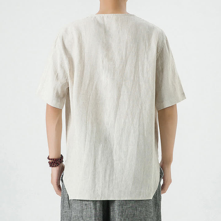 Buddha Stones Letnie, swobodne, minimalistyczne koszule męskie z krótkim rękawem, z rozcięciem z boku i okrągłym dekoltem, z lnu - image 4