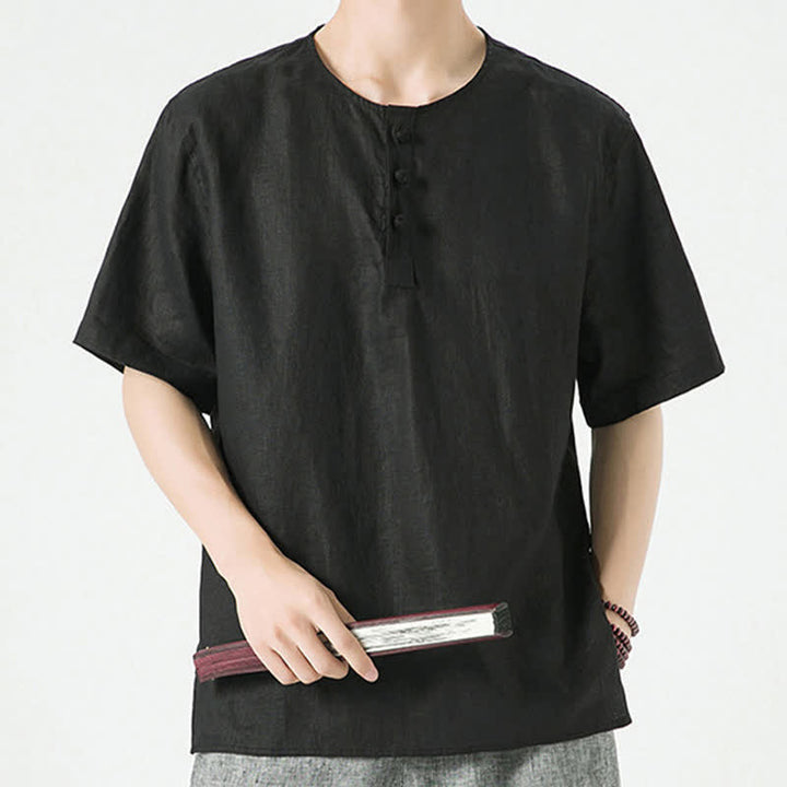 Buddha Stones Letnie, swobodne, minimalistyczne koszule męskie z krótkim rękawem, z rozcięciem z boku i okrągłym dekoltem, z lnu - image 16