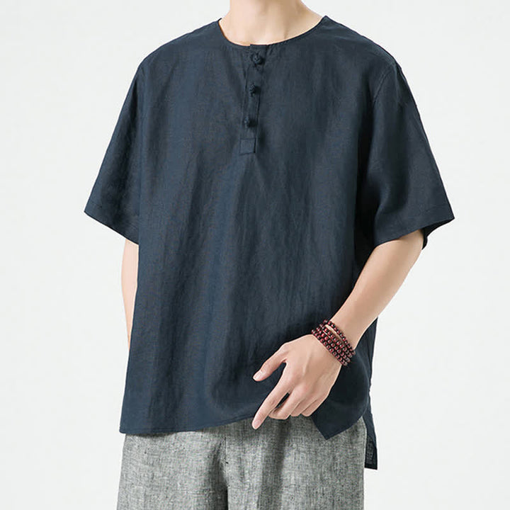 Buddha Stones Letnie, swobodne, minimalistyczne koszule męskie z krótkim rękawem, z rozcięciem z boku i okrągłym dekoltem, z lnu - image 19