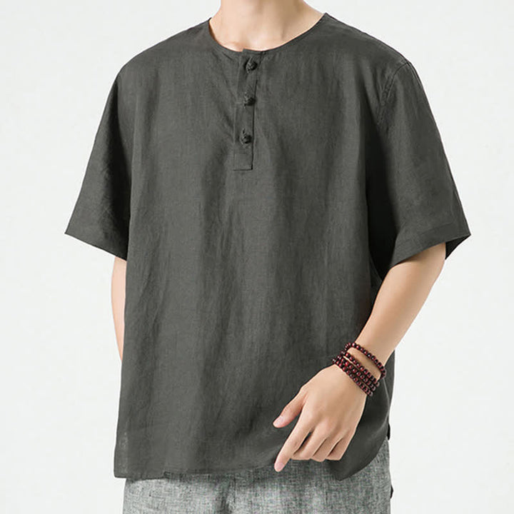 Buddha Stones Letnie, swobodne, minimalistyczne koszule męskie z krótkim rękawem, z rozcięciem z boku i okrągłym dekoltem, z lnu - image 29