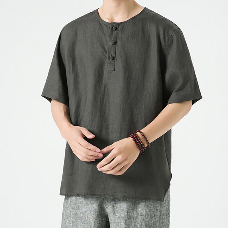 Buddha Stones Letnie, swobodne, minimalistyczne koszule męskie z krótkim rękawem, z rozcięciem z boku i okrągłym dekoltem, z lnu - image 26