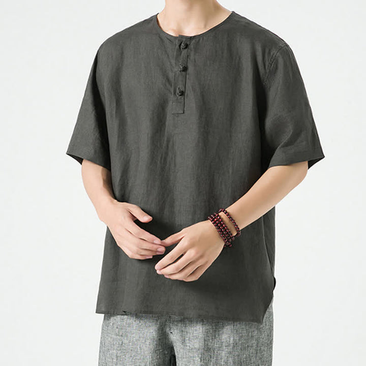 Buddha Stones Letnie, swobodne, minimalistyczne koszule męskie z krótkim rękawem, z rozcięciem z boku i okrągłym dekoltem, z lnu - image 26