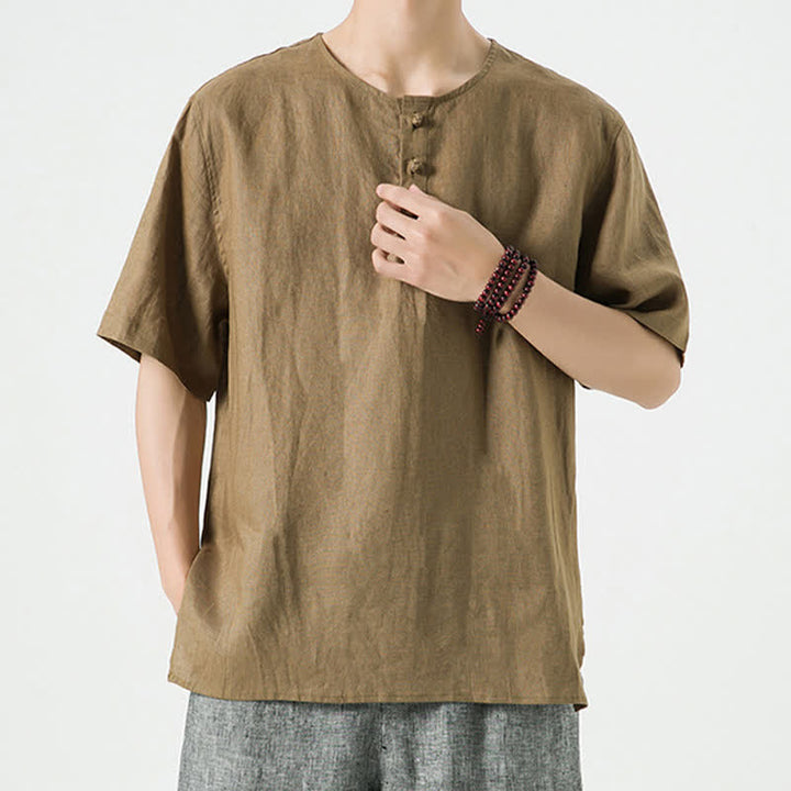 Buddha Stones Letnie, swobodne, minimalistyczne koszule męskie z krótkim rękawem, z rozcięciem z boku i okrągłym dekoltem, z lnu - image 33