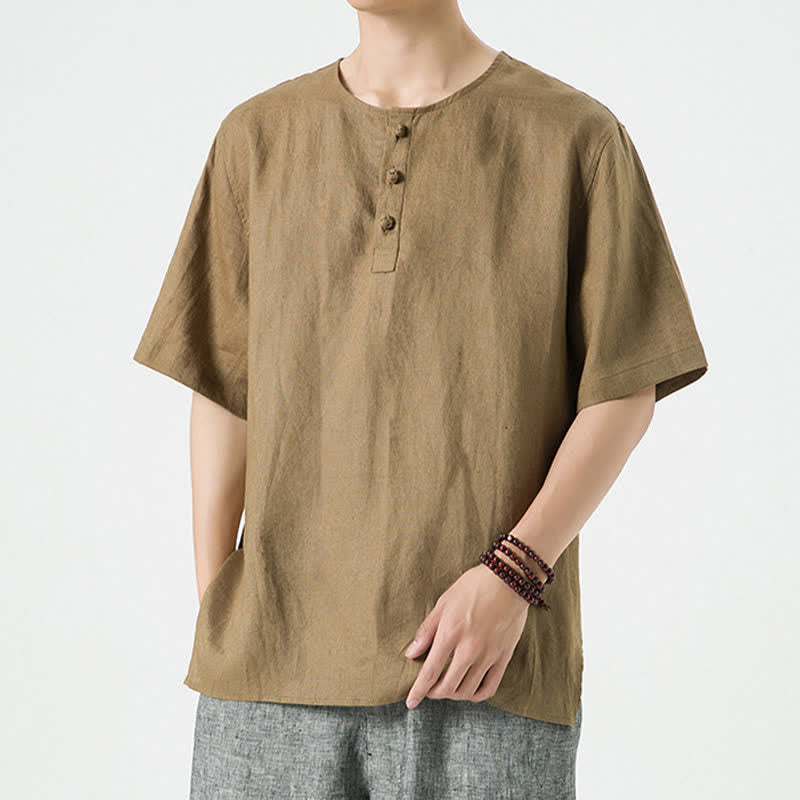 Buddha Stones Letnie, swobodne, minimalistyczne koszule męskie z krótkim rękawem, z rozcięciem z boku i okrągłym dekoltem, z lnu - image 38