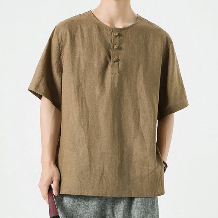 Buddha Stones Letnie, swobodne, minimalistyczne koszule męskie z krótkim rękawem, z rozcięciem z boku i okrągłym dekoltem, z lnu - image 37