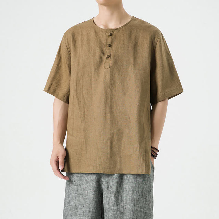 Buddha Stones Letnie, swobodne, minimalistyczne koszule męskie z krótkim rękawem, z rozcięciem z boku i okrągłym dekoltem, z lnu - image 40