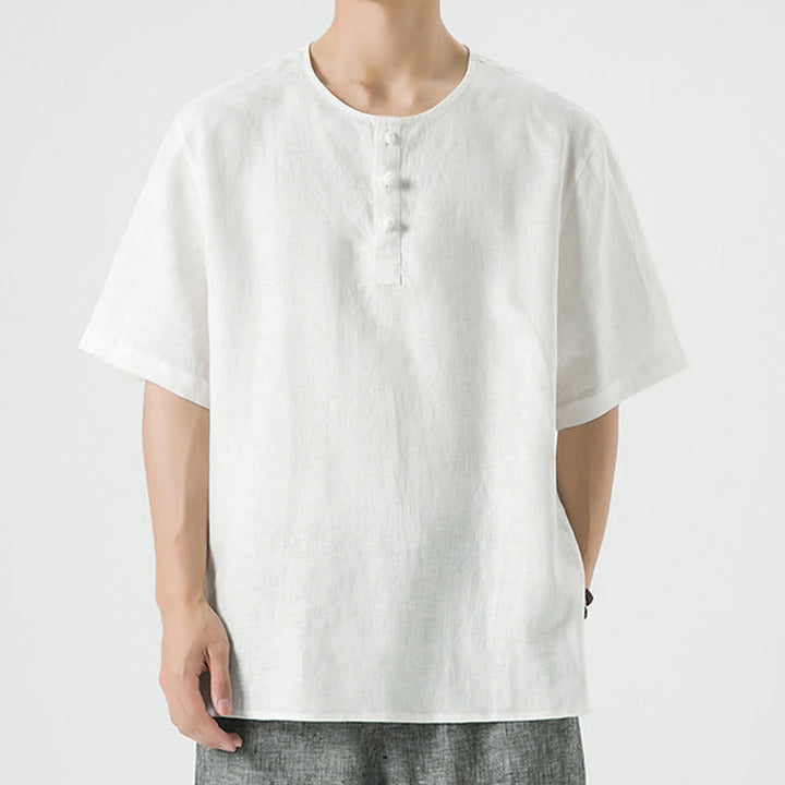 Buddha Stones Letnie, swobodne, minimalistyczne koszule męskie z krótkim rękawem, z rozcięciem z boku i okrągłym dekoltem, z lnu - image 42