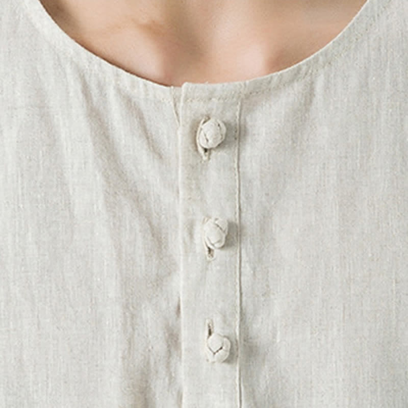 Buddha Stones Letnie, swobodne, minimalistyczne koszule męskie z krótkim rękawem, z rozcięciem z boku i okrągłym dekoltem, z lnu - image 8