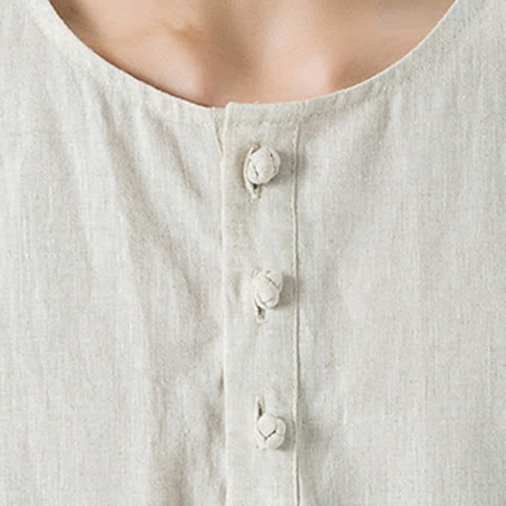 Buddha Stones Letnie, swobodne, minimalistyczne koszule męskie z krótkim rękawem, z rozcięciem z boku i okrągłym dekoltem, z lnu - image 8