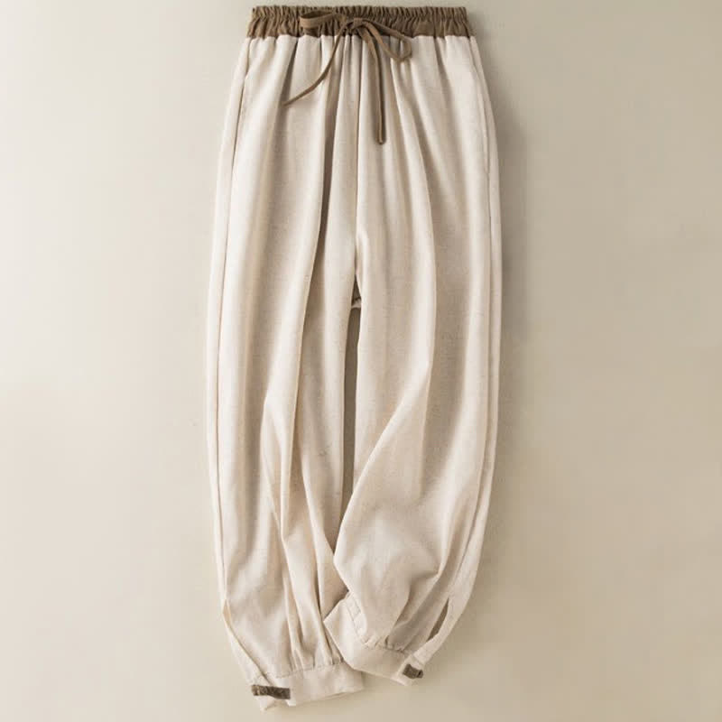 Spodnie haremowe damskie Buddha Stones Plain Cotton Drawstring z kieszeniami - Beżowy - US16, UK/AU20, EU48 (3XL) - image 0