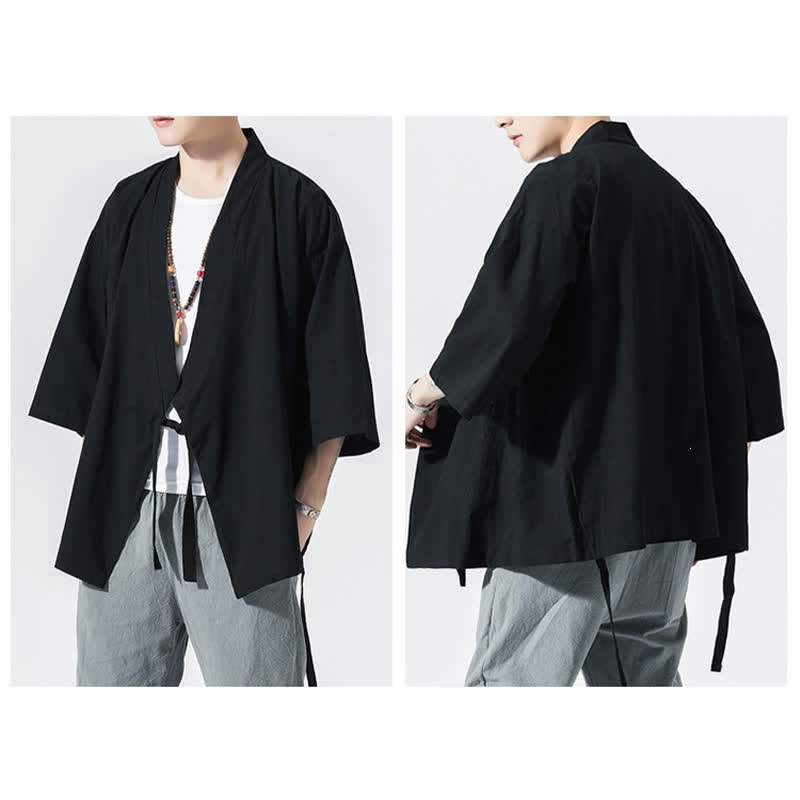 Buddha Stones Letnie, swobodne, minimalistyczne, męskie kimono ze ściągaczem i rękawami do łokci - image 13