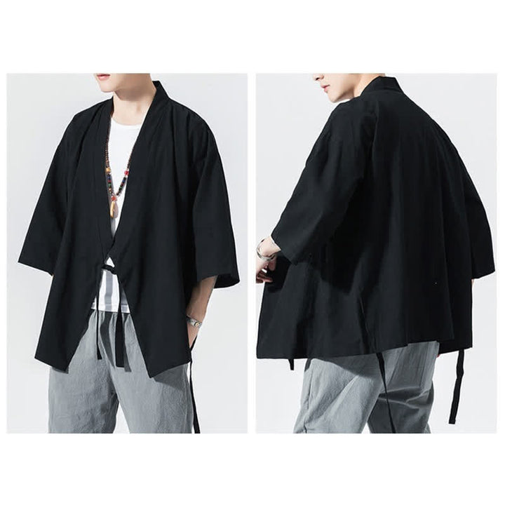 Buddha Stones Letnie, swobodne, minimalistyczne, męskie kimono ze ściągaczem i rękawami do łokci - image 13