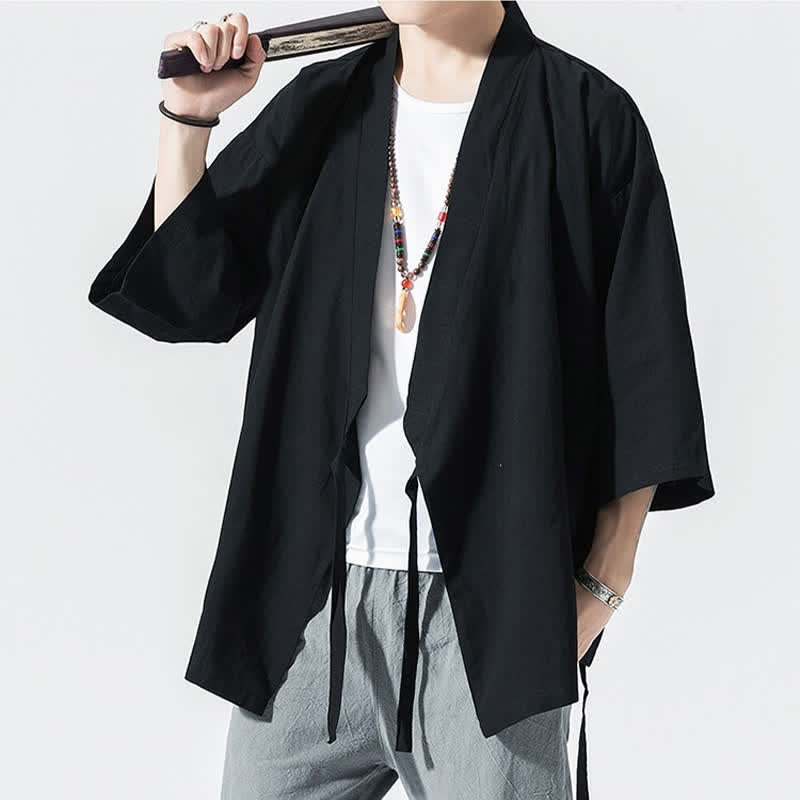 Buddha Stones Letnie, swobodne, minimalistyczne, męskie kimono ze ściągaczem i rękawami do łokci - image 8