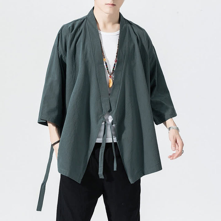 Buddha Stones Letnie, swobodne, minimalistyczne, męskie kimono ze ściągaczem i rękawami do łokci - image 1