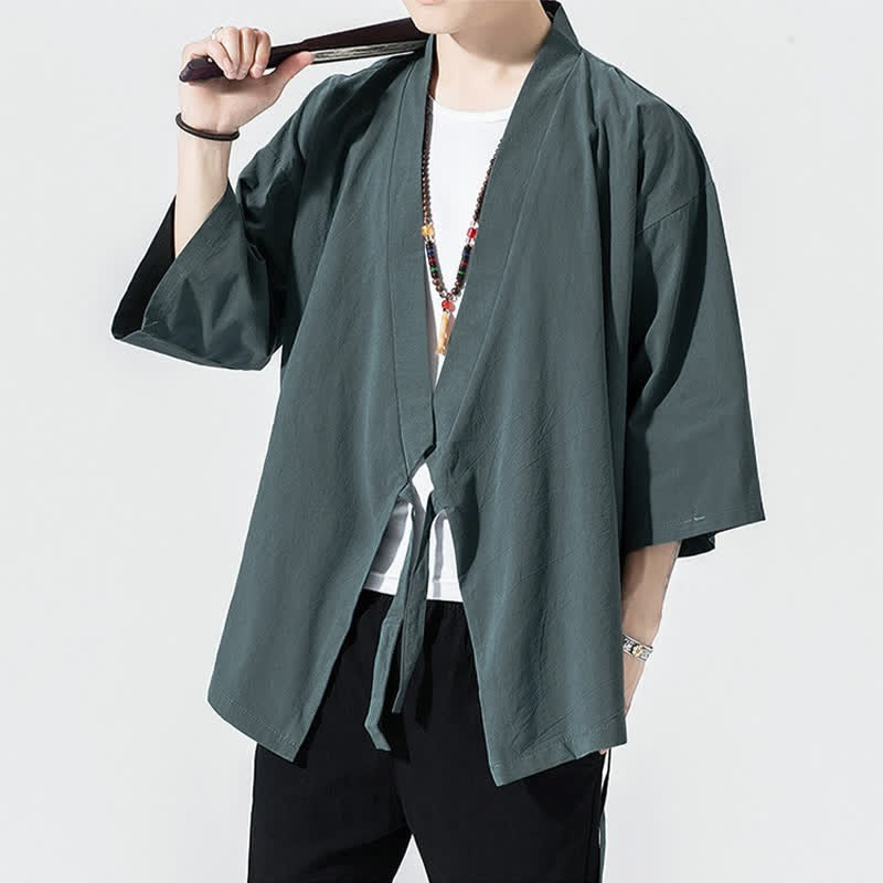 Buddha Stones Letnie, swobodne, minimalistyczne, męskie kimono ze ściągaczem i rękawami do łokci - image 3
