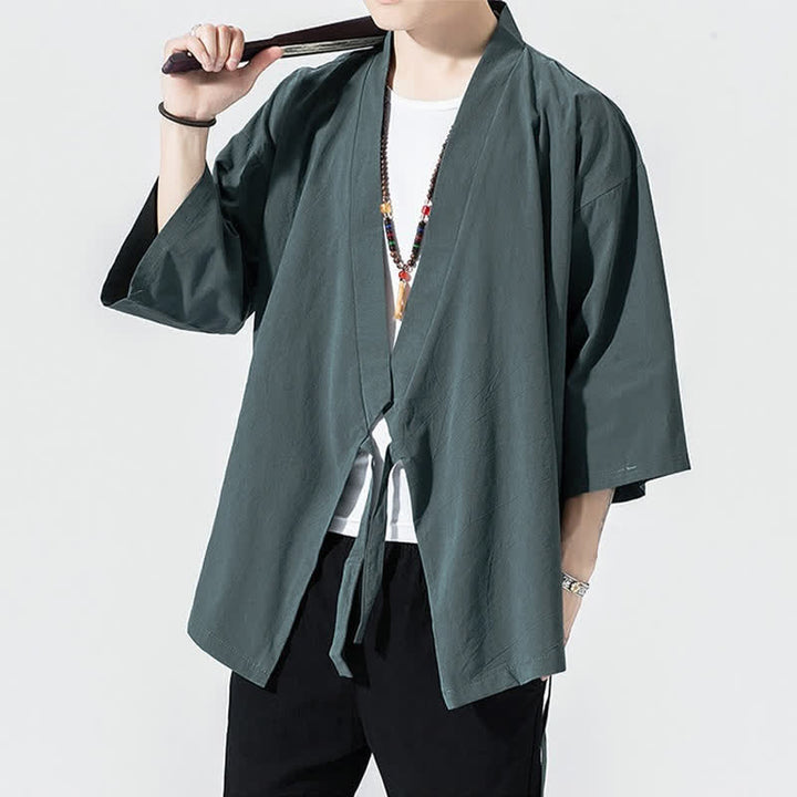 Buddha Stones Letnie, swobodne, minimalistyczne, męskie kimono ze ściągaczem i rękawami do łokci - image 3