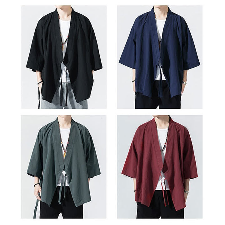 Buddha Stones Letnie, swobodne, minimalistyczne, męskie kimono ze ściągaczem i rękawami do łokci - image 26