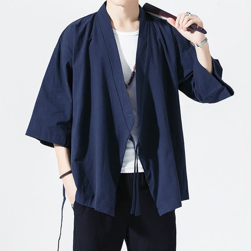Buddha Stones Letnie, swobodne, minimalistyczne, męskie kimono ze ściągaczem i rękawami do łokci - image 15