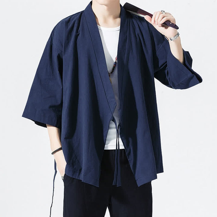 Buddha Stones Letnie, swobodne, minimalistyczne, męskie kimono ze ściągaczem i rękawami do łokci - image 15