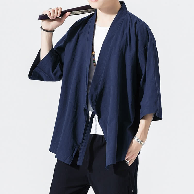 Buddha Stones Letnie, swobodne, minimalistyczne, męskie kimono ze ściągaczem i rękawami do łokci - image 17