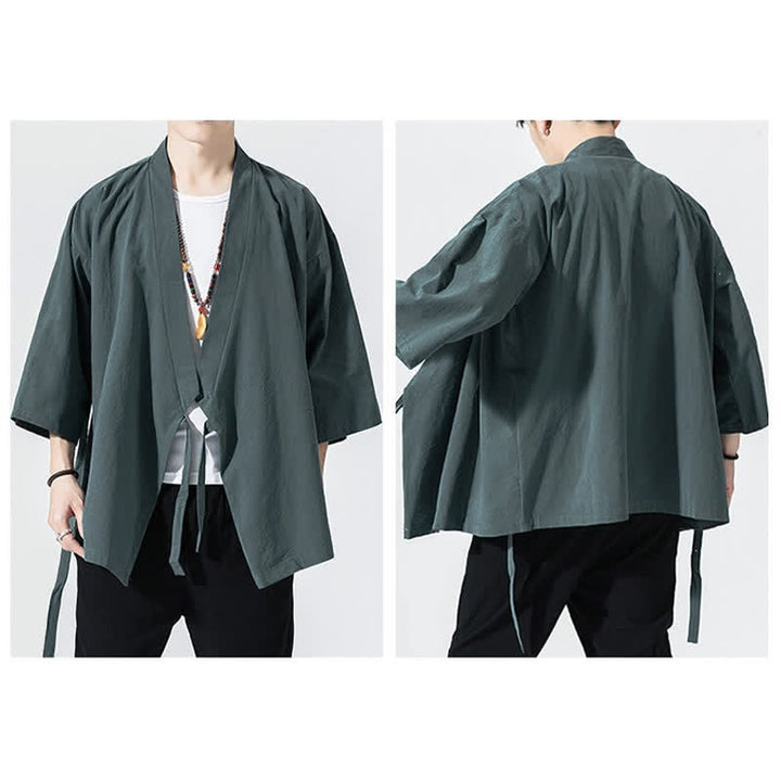 Buddha Stones Letnie, swobodne, minimalistyczne, męskie kimono ze ściągaczem i rękawami do łokci - image 4