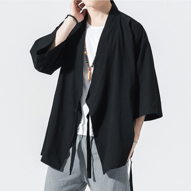 Buddha Stones Letnie, swobodne, minimalistyczne, męskie kimono ze ściągaczem i rękawami do łokci - image 7