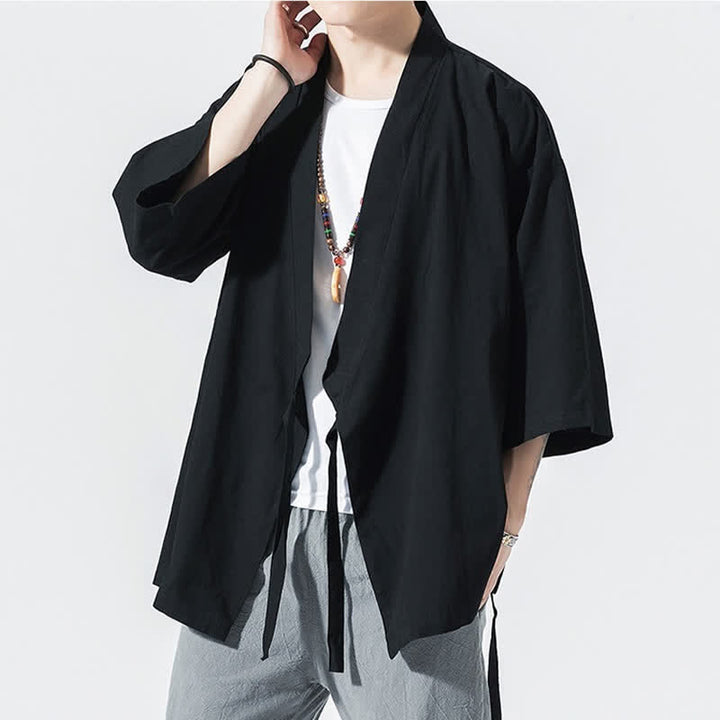 Buddha Stones Letnie, swobodne, minimalistyczne, męskie kimono ze ściągaczem i rękawami do łokci - image 7