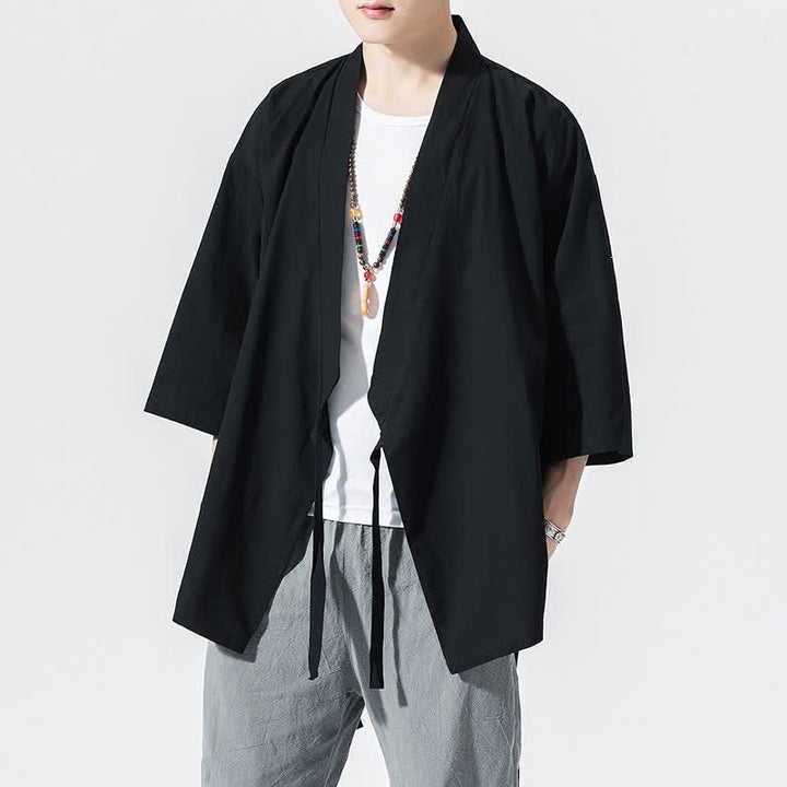 Buddha Stones Letnie, swobodne, minimalistyczne, męskie kimono ze ściągaczem i rękawami do łokci - Czarny - US/UK/AU46, EU56 (5XL) - image 5