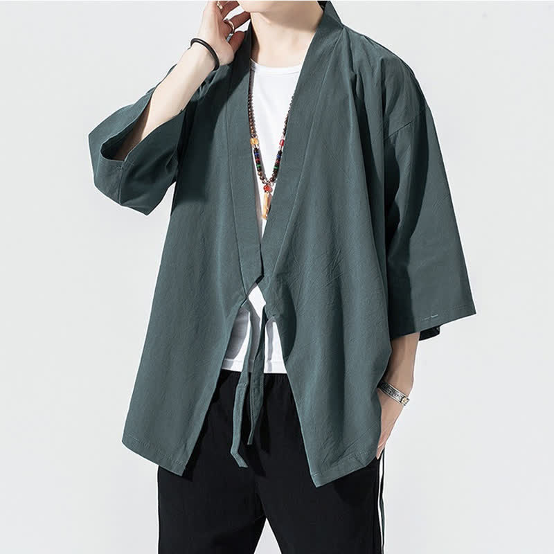 Buddha Stones Letnie, swobodne, minimalistyczne, męskie kimono ze ściągaczem i rękawami do łokci - image 2