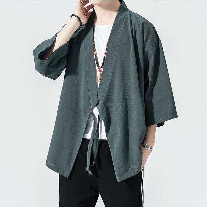 Buddha Stones Letnie, swobodne, minimalistyczne, męskie kimono ze ściągaczem i rękawami do łokci - image 2