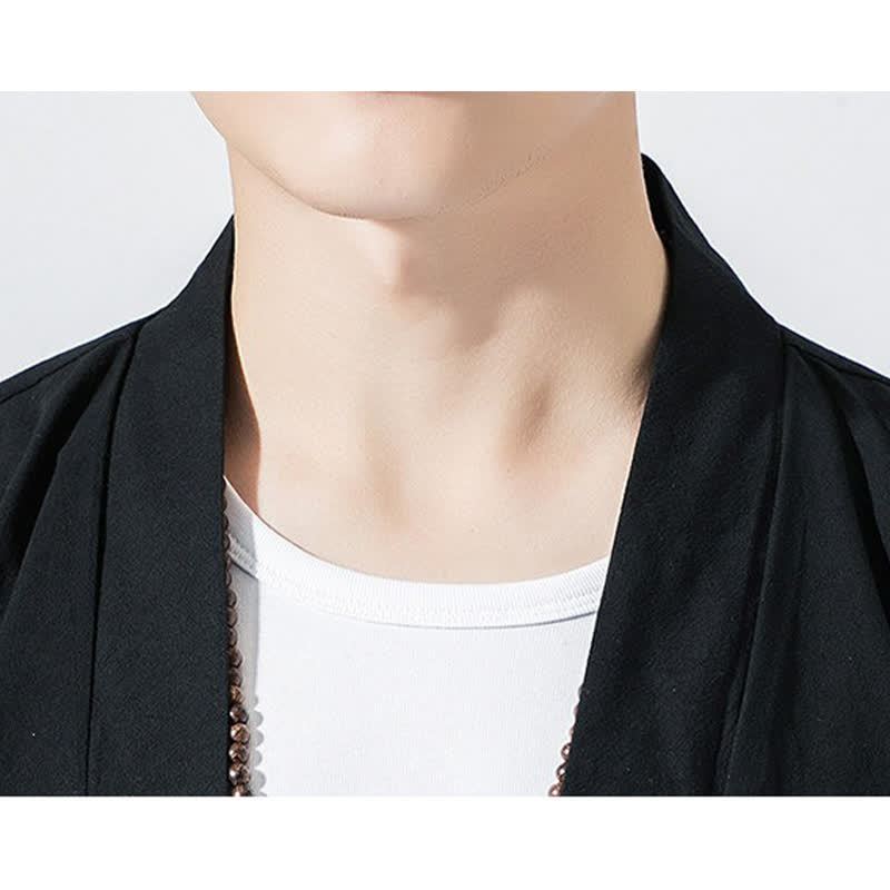 Buddha Stones Letnie, swobodne, minimalistyczne, męskie kimono ze ściągaczem i rękawami do łokci - image 9