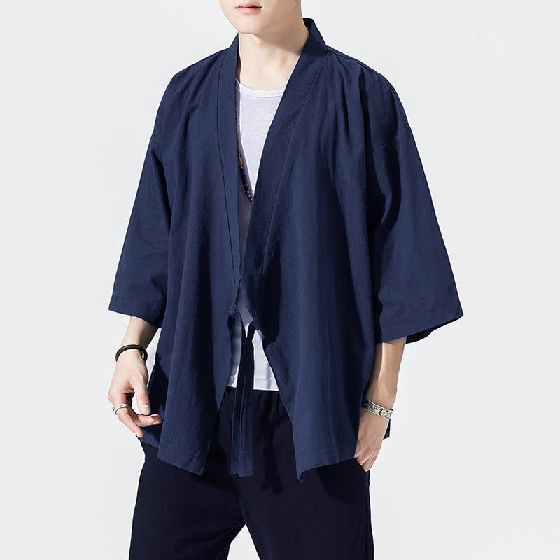Buddha Stones Letnie, swobodne, minimalistyczne, męskie kimono ze ściągaczem i rękawami do łokci - MidnightBlue - US/UK/AU46, EU56 (5XL) - image 14