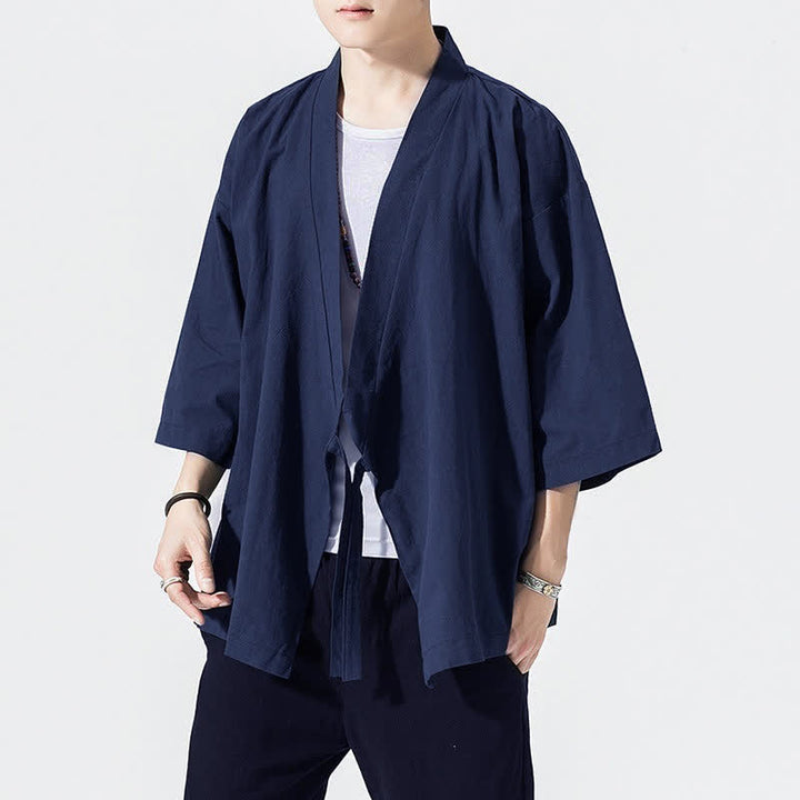 Buddha Stones Letnie, swobodne, minimalistyczne, męskie kimono ze ściągaczem i rękawami do łokci - MidnightBlue - US/UK/AU46, EU56 (5XL) - image 14