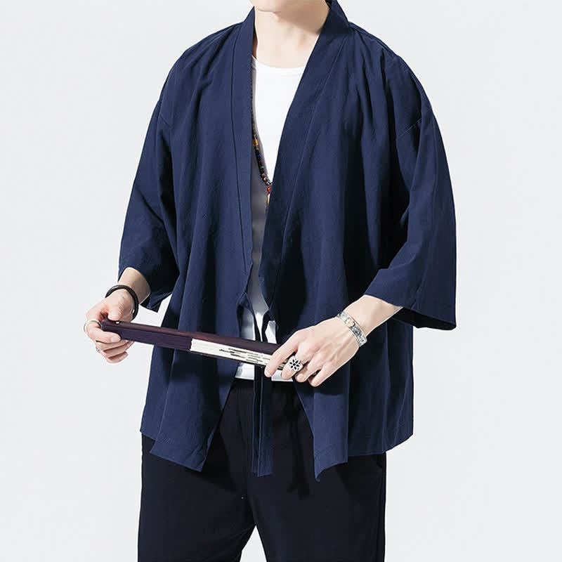 Buddha Stones Letnie, swobodne, minimalistyczne, męskie kimono ze ściągaczem i rękawami do łokci - image 16